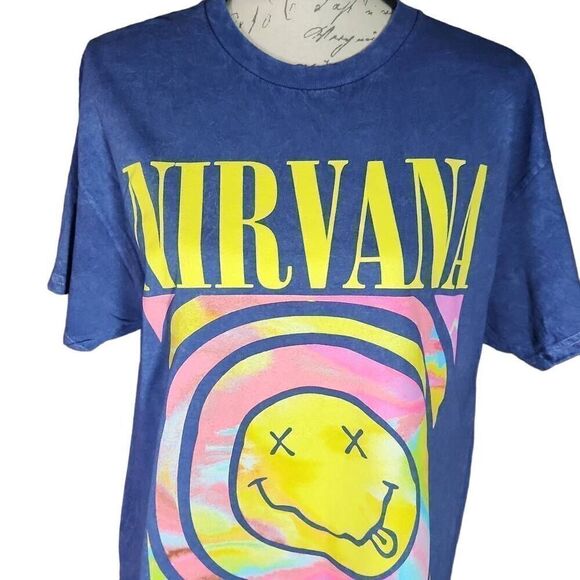 Nirvana Unisex Size Large Blue Yellow Smiley Face Tie Dye Shirt - Picture 2 of 7